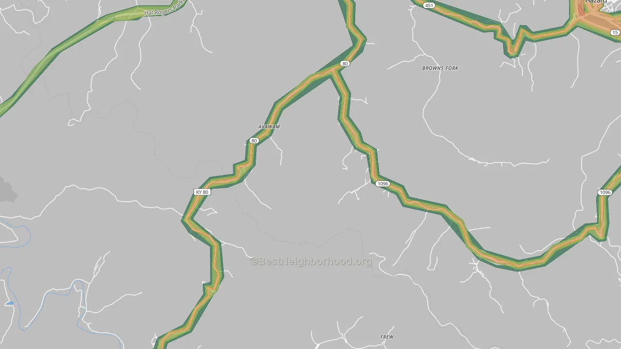 Avawam, KY Map of Noise Levels in Avawam