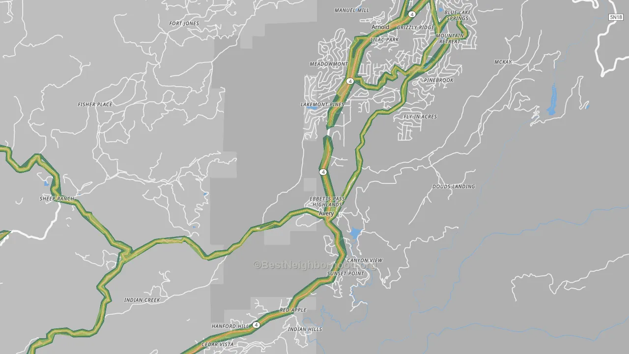 Avery, CA Map of Noise Levels in Avery