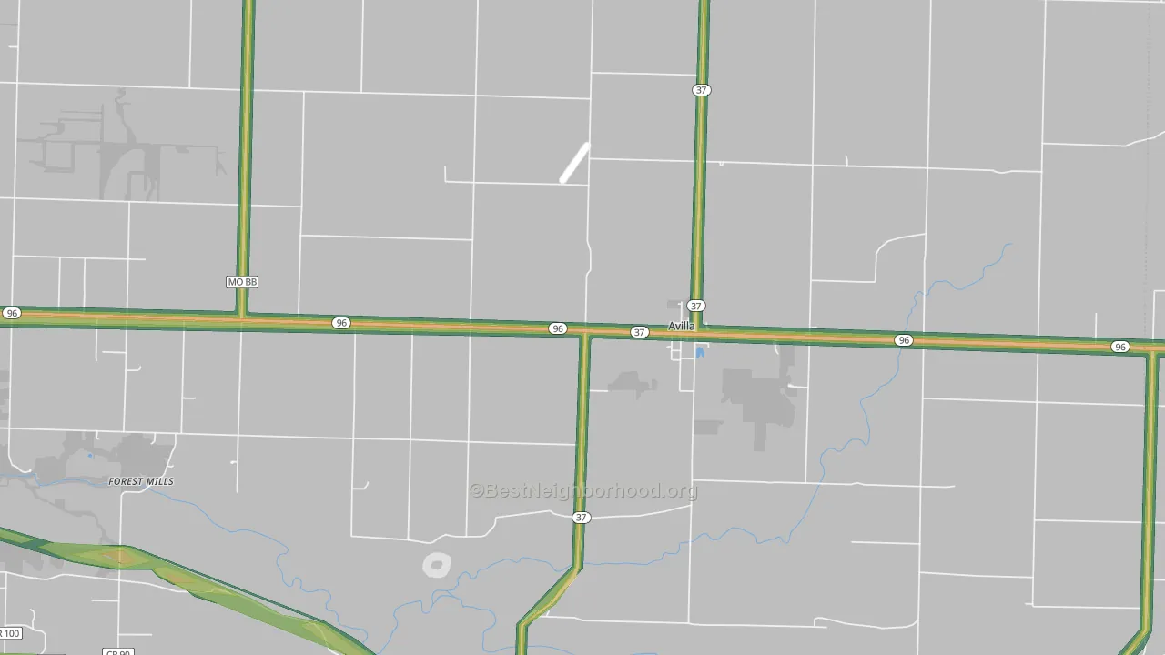 Avilla, MO Map of Noise Levels in Avilla