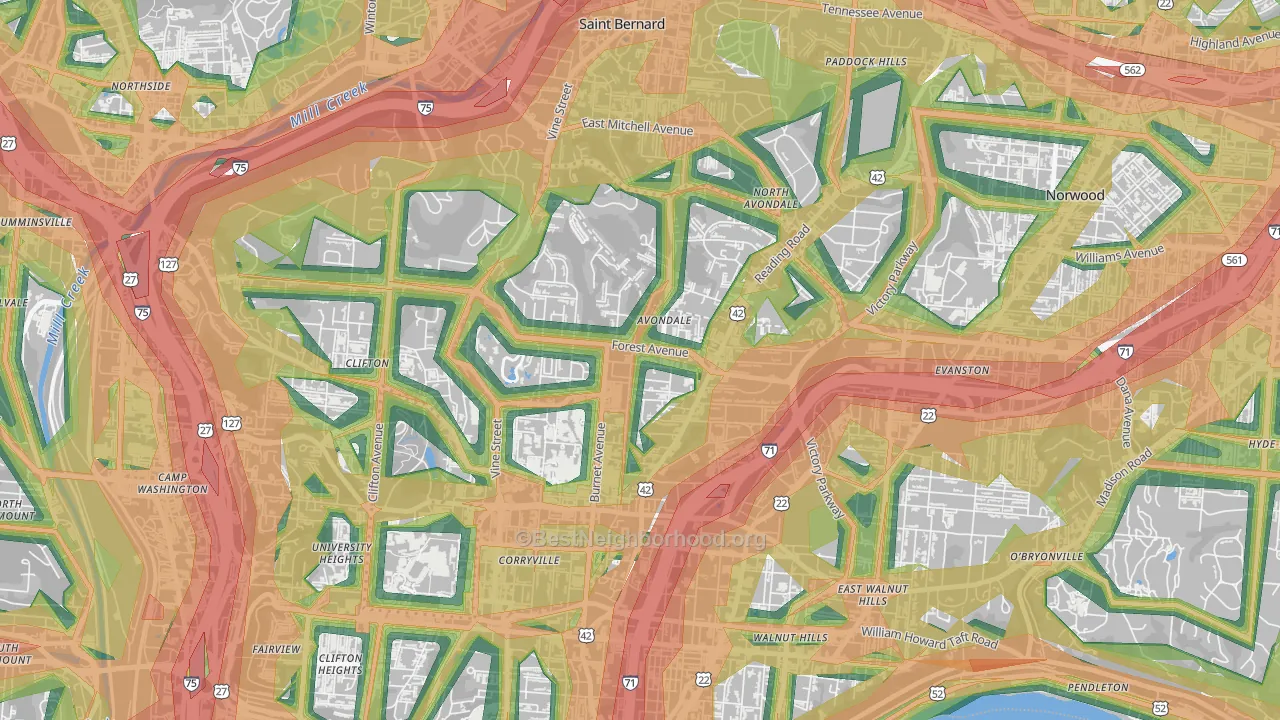 Avondale, Cincinnati, OH Map of Noise Levels in Avondale