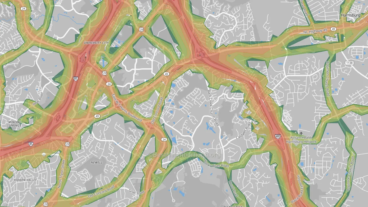 Back Creek Church Road, Charlotte, NC Map of Noise Levels in Back Creek Church Road