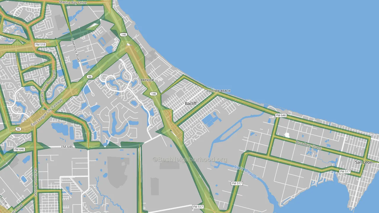 Bacliff, TX Map of Noise Levels in Bacliff