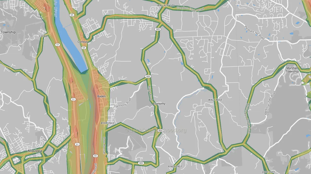Baden, PA Map of Noise Levels in Baden
