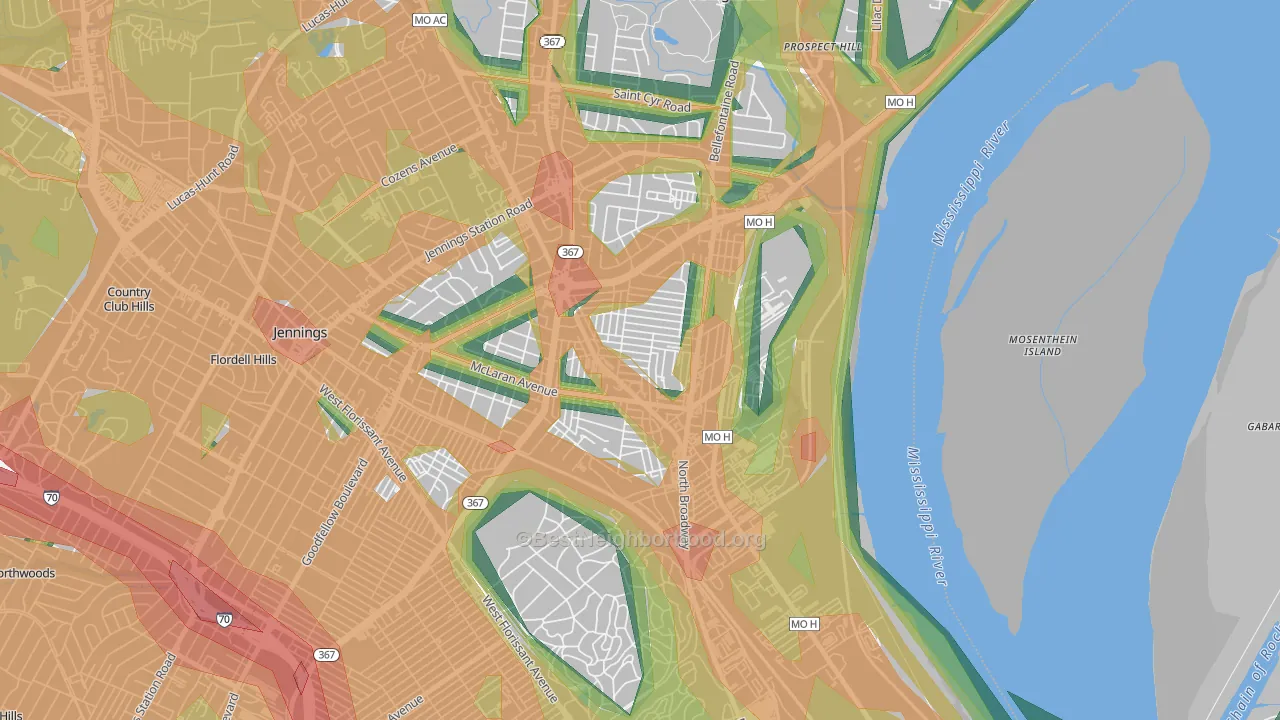 Baden, St. Louis, MO Map of Noise Levels in Baden