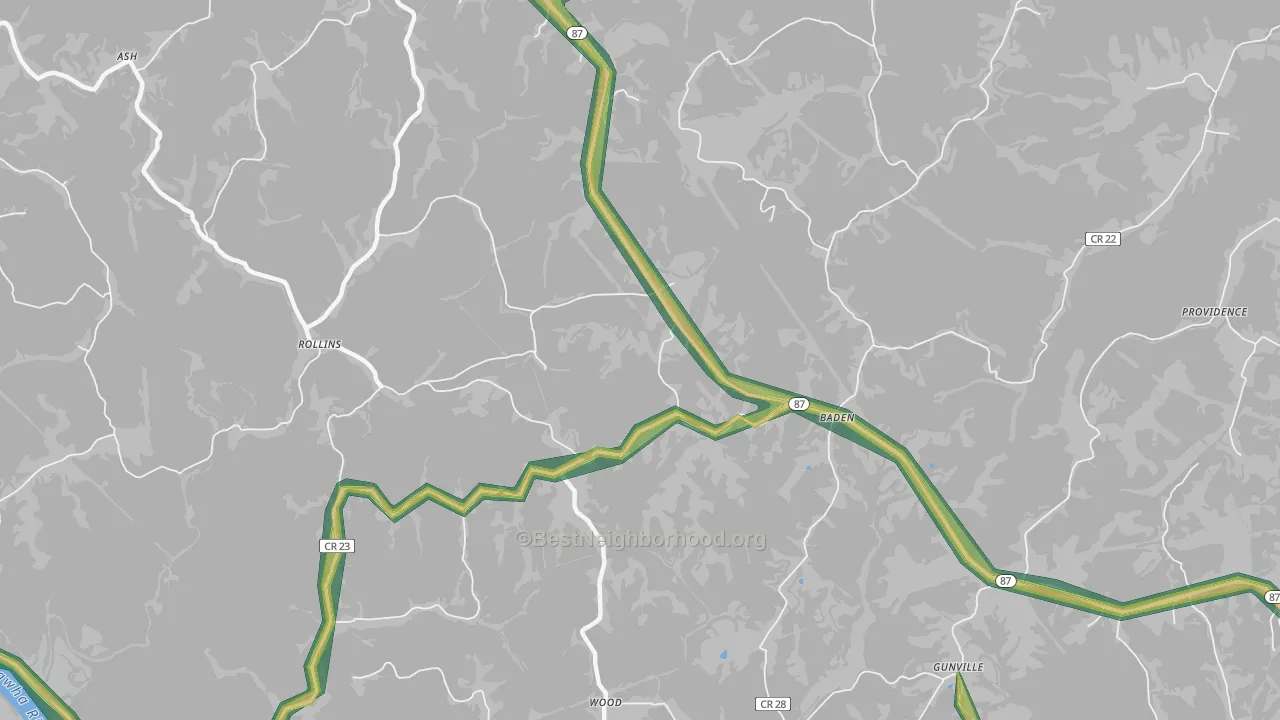 Baden, WV Map of Noise Levels in Baden