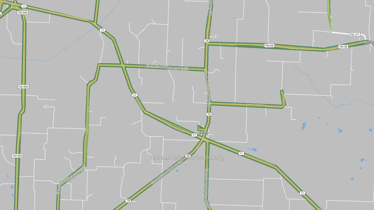 Bailey, TX Map of Noise Levels in Bailey