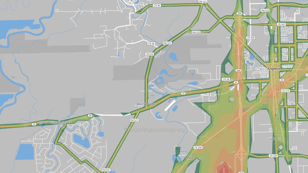 Baileys Prairie, TX Map of Noise Levels in Baileys Prairie