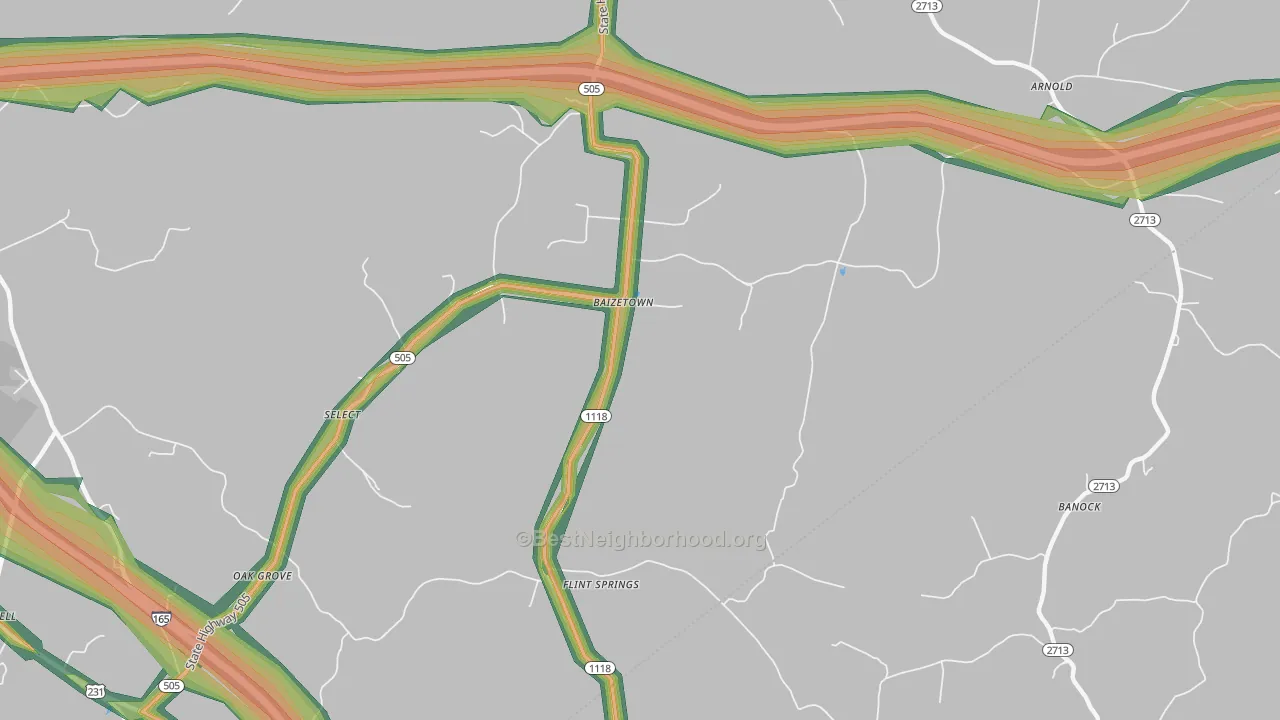 Baizetown, KY Map of Noise Levels in Baizetown