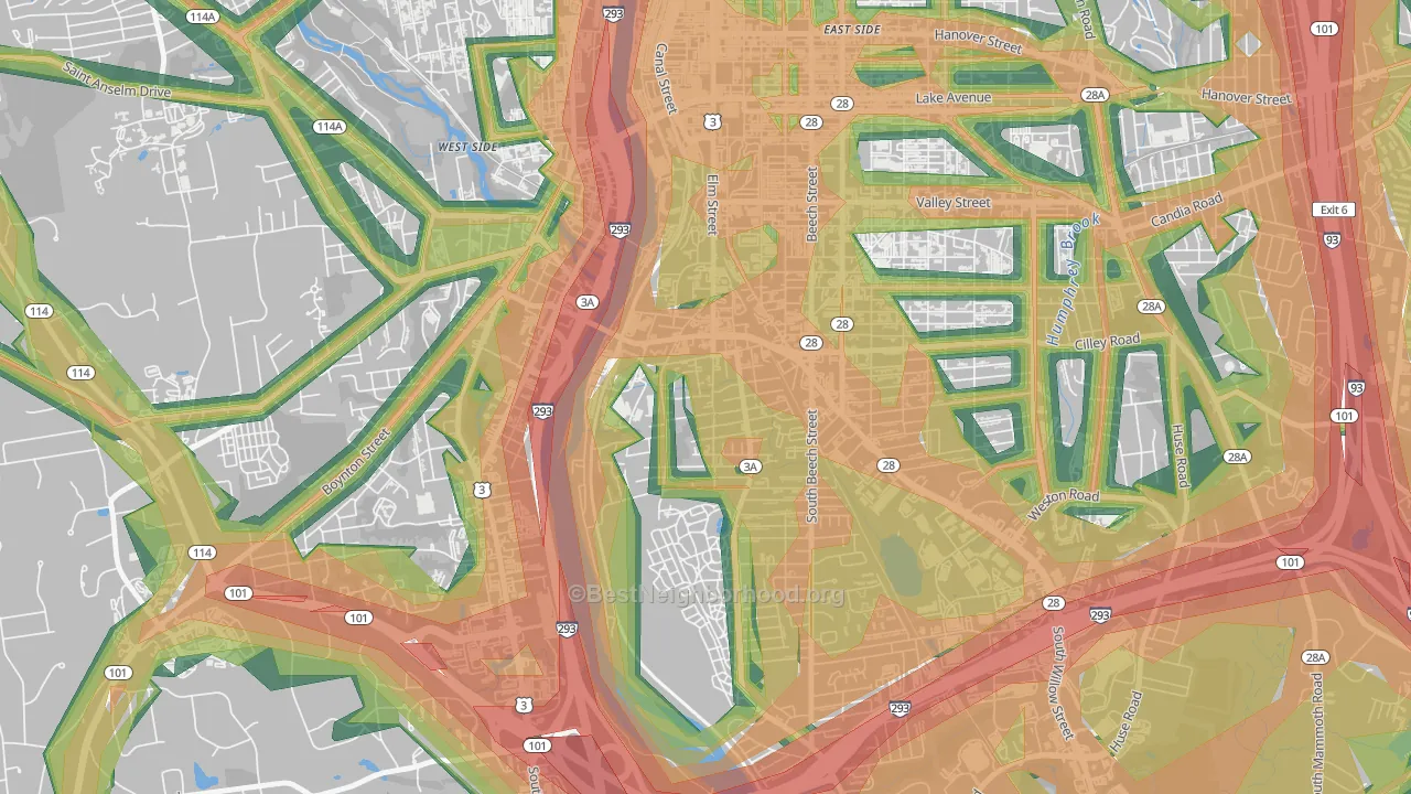 Bakersville, Manchester, NH Map of Noise Levels in Bakersville