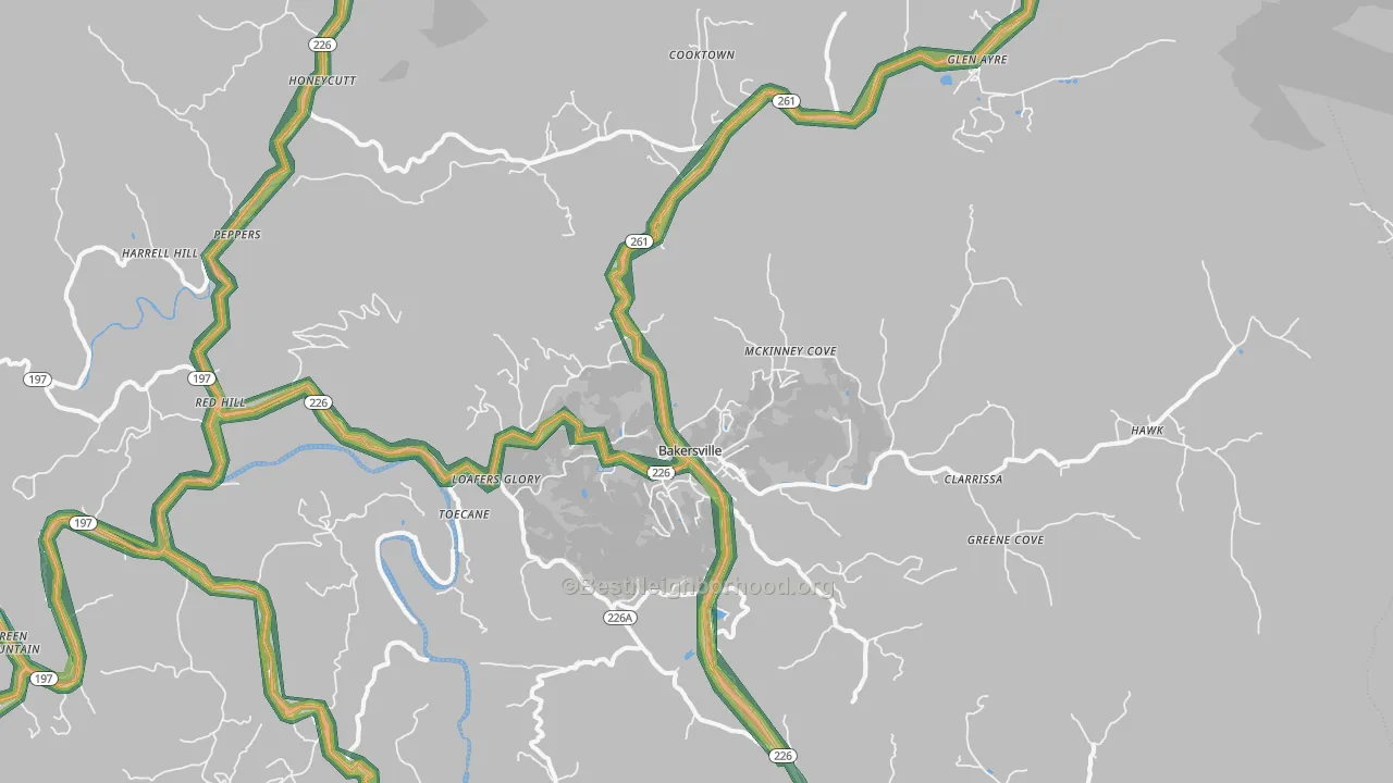 Bakersville, NC Map of Noise Levels in Bakersville