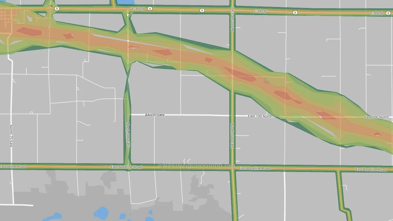 Bakertown, IN Map of Noise Levels in Bakertown