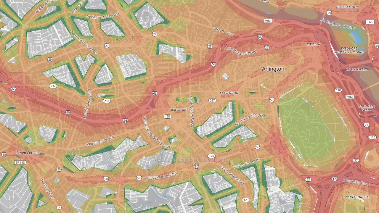 Ballston-Virginia Square, Arlington, VA Map of Noise Levels in Ballston-Virginia Square