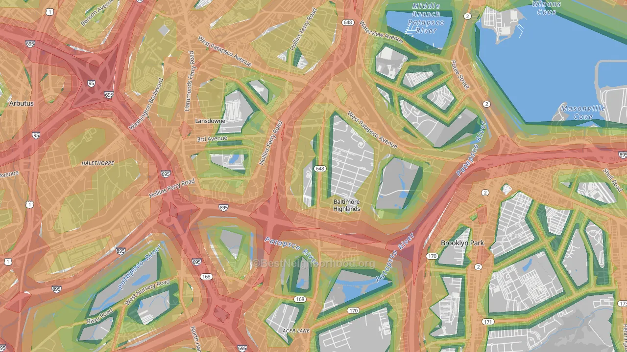 Baltimore Highlands, MD Map of Noise Levels in Baltimore Highlands
