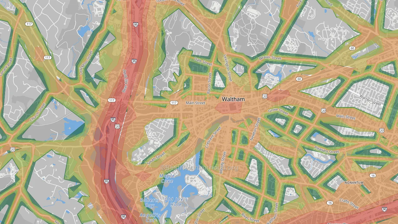 Bank Square, Waltham, MA Map of Noise Levels in Bank Square