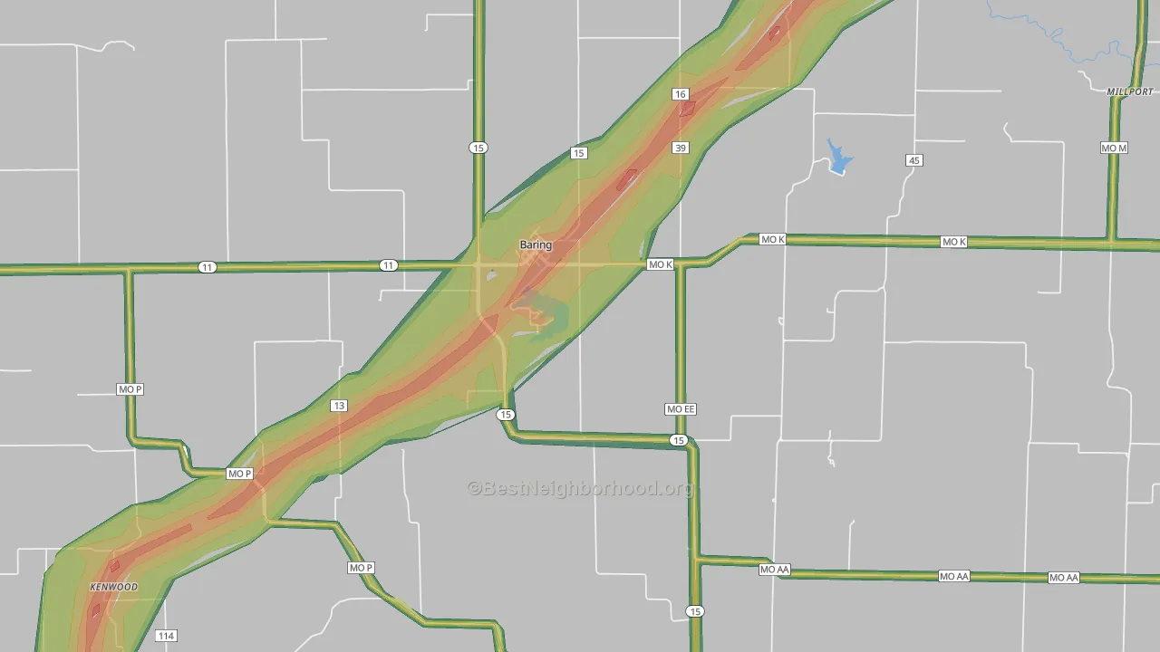 Baring, MO Map of Noise Levels in Baring