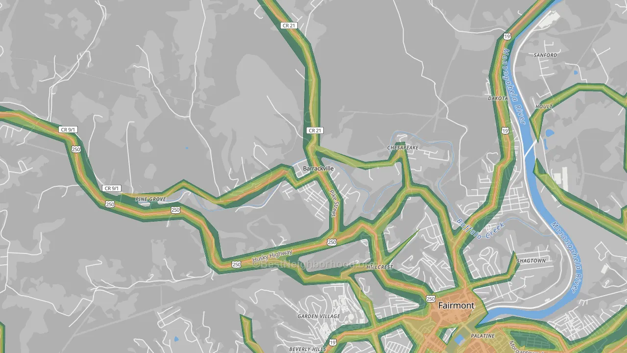 Barrackville, WV Map of Noise Levels in Barrackville
