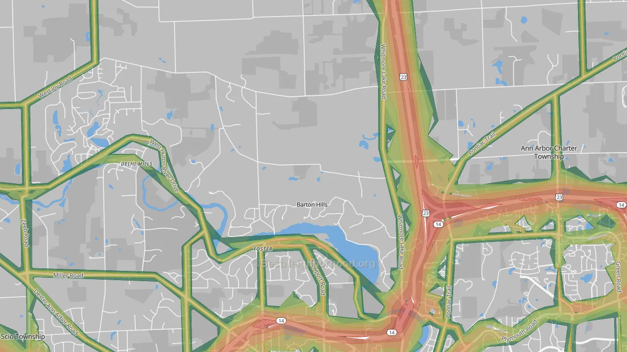 Barton Hills, MI Map of Noise Levels in Barton Hills
