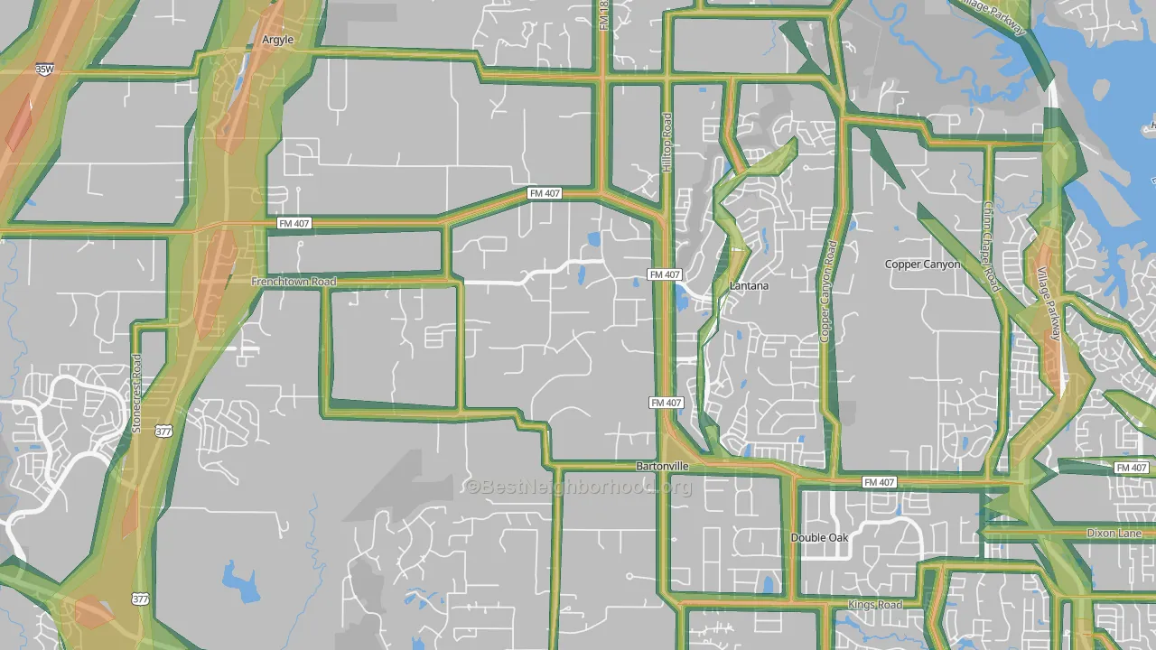 Bartonville, TX Map of Noise Levels in Bartonville