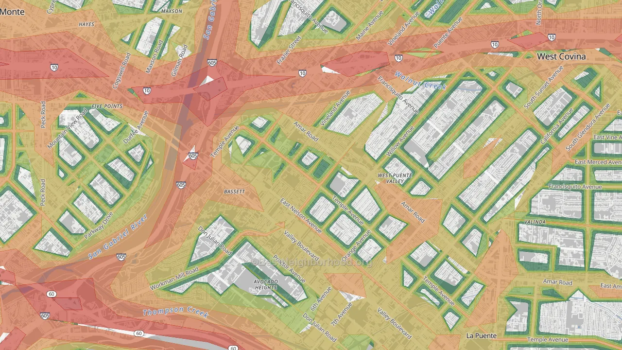 Bassett, West Puente Valley, CA Map of Noise Levels in Bassett