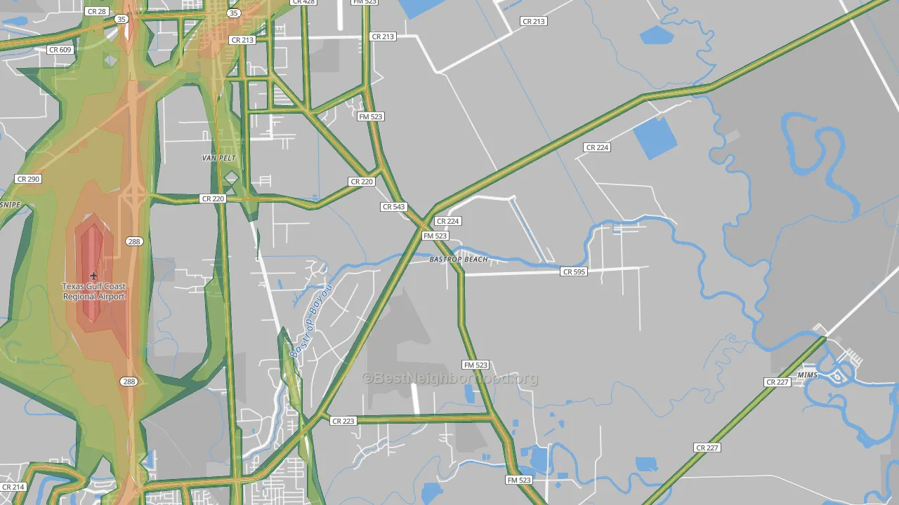 Bastrop Beach, TX Map of Noise Levels in Bastrop Beach