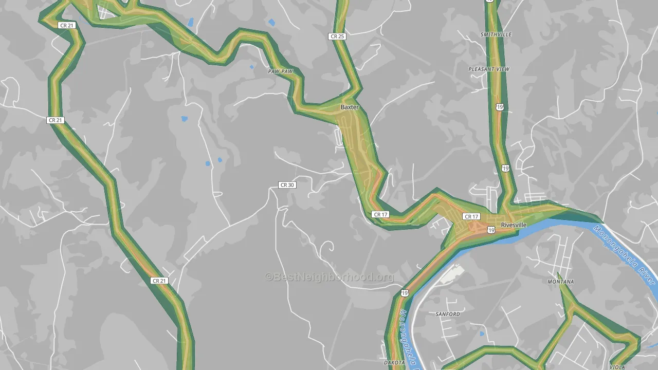 Baxter, WV Map of Noise Levels in Baxter