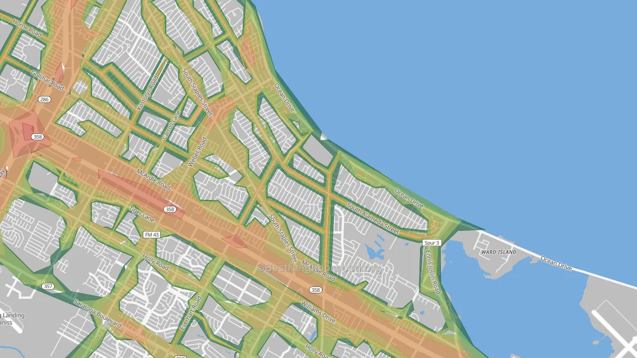 Bay Area, Corpus Christi, TX Map of Noise Levels in Bay Area