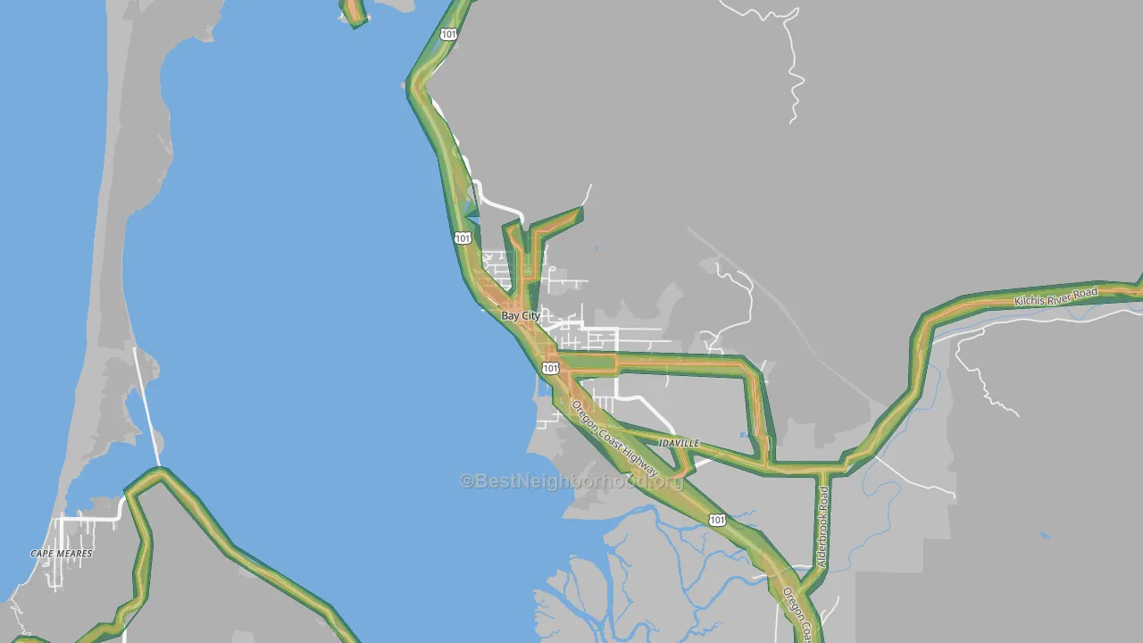 Bay City, OR Map of Noise Levels in Bay City