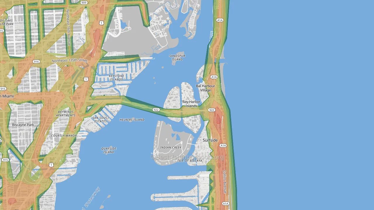Bay Harbor Islands, FL Map of Noise Levels in Bay Harbor Islands