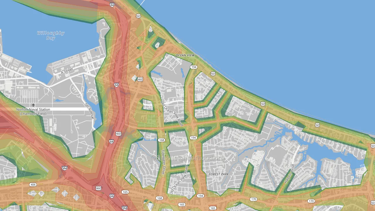 Bay View, Norfolk, VA Map of Noise Levels in Bay View