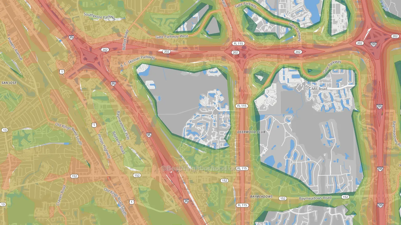 Baymeadows, Jacksonville, FL Map of Noise Levels in Baymeadows