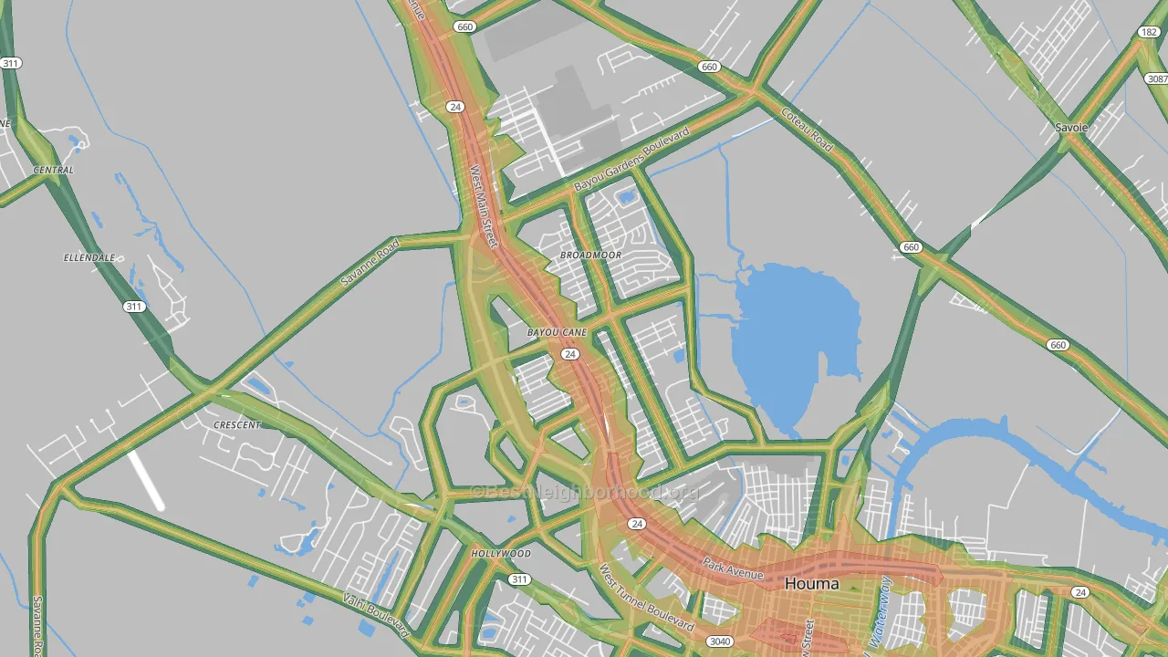 Bayou Cane, LA Map of Noise Levels in Bayou Cane