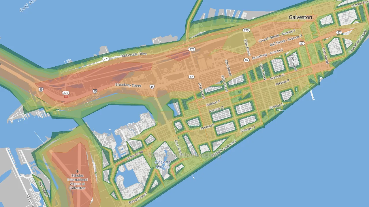 Bayou Shore, Galveston, TX Map of Noise Levels in Bayou Shore