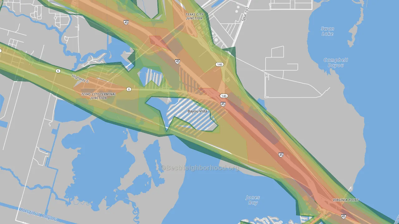 Bayou Vista, TX Map of Noise Levels in Bayou Vista