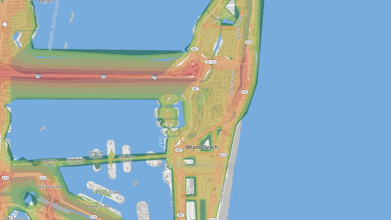 Bayshore, Miami Beach, FL Map of Noise Levels in Bayshore