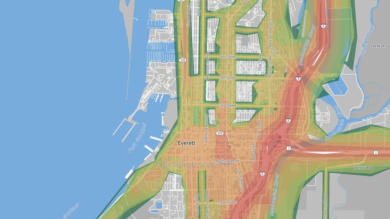 Bayside, Everett, WA Map of Noise Levels in Bayside