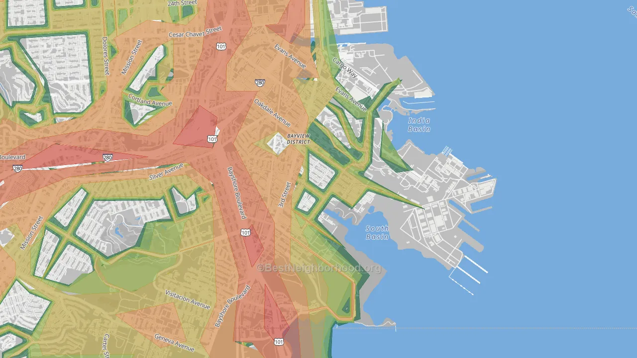 Bayview, San Francisco, CA Map of Noise Levels in Bayview