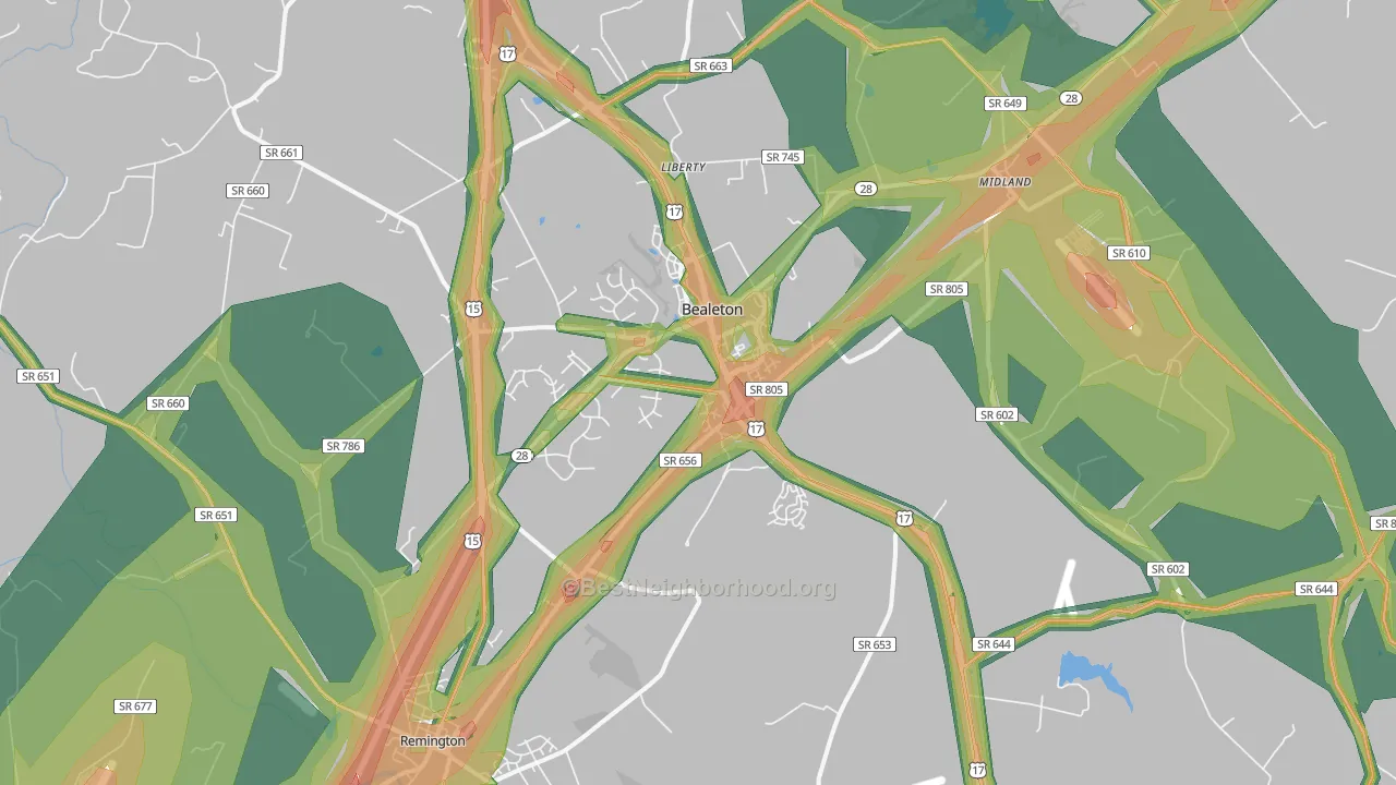 Bealeton, VA Map of Noise Levels in Bealeton