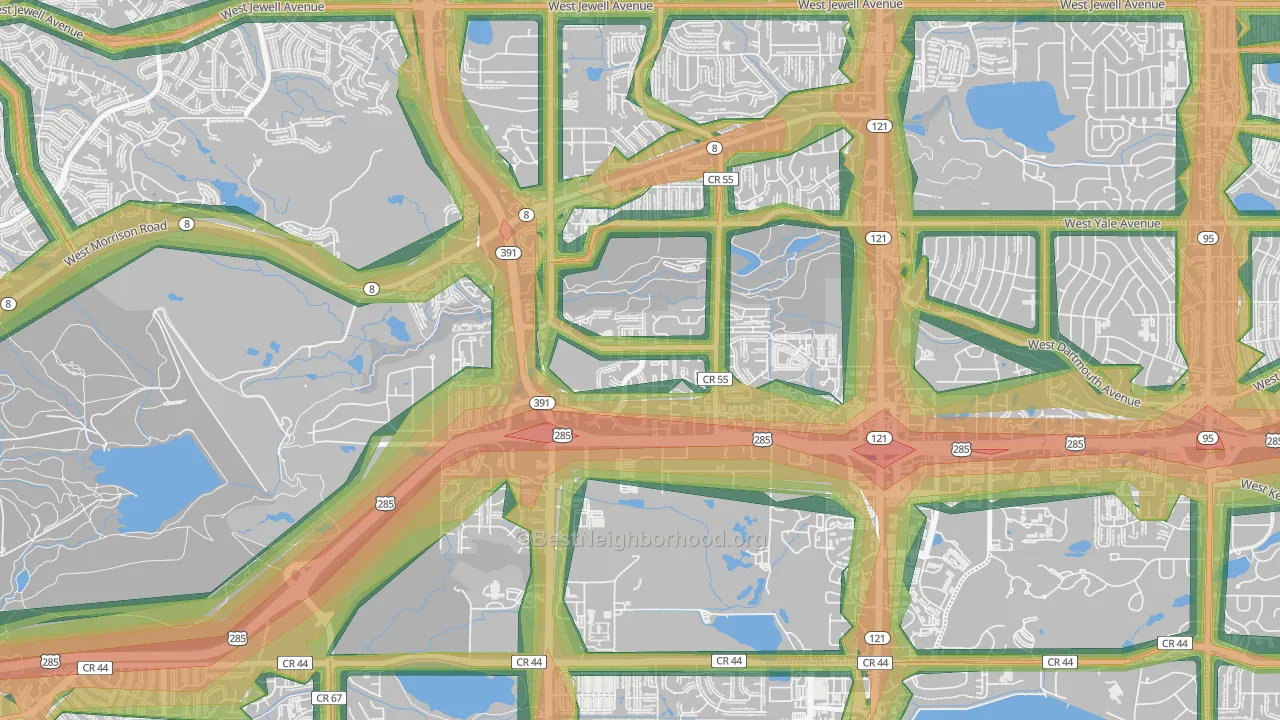 Bear Creek, Lakewood, CO Map of Noise Levels in Bear Creek