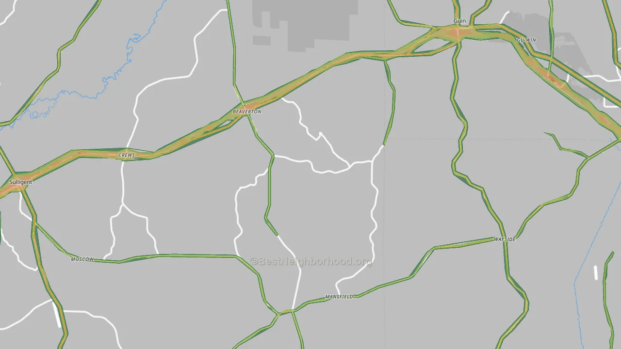 Beaverton, AL Map of Noise Levels in Beaverton