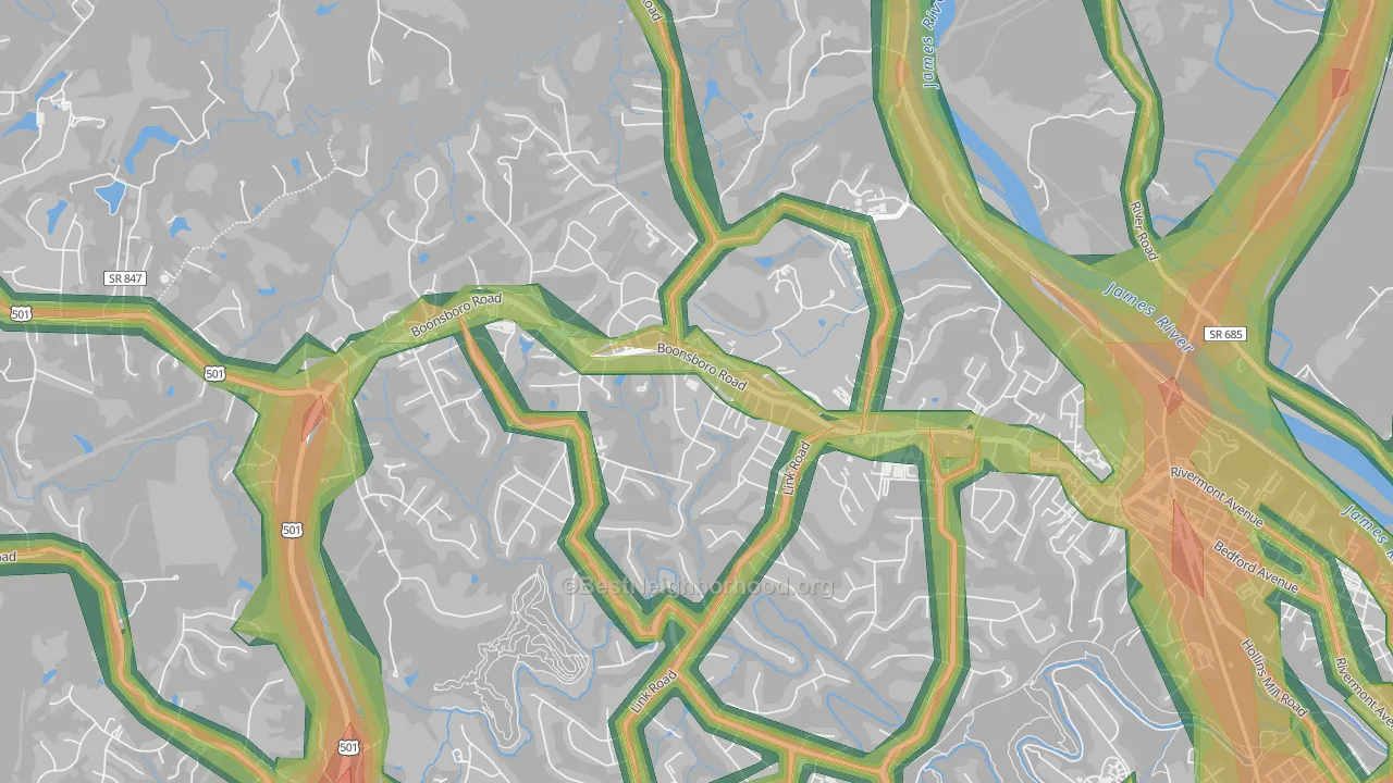 Bedford Hills, Lynchburg, VA Map of Noise Levels in Bedford Hills