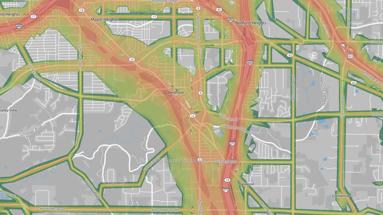 Bedford, OH Map of Noise Levels in Bedford