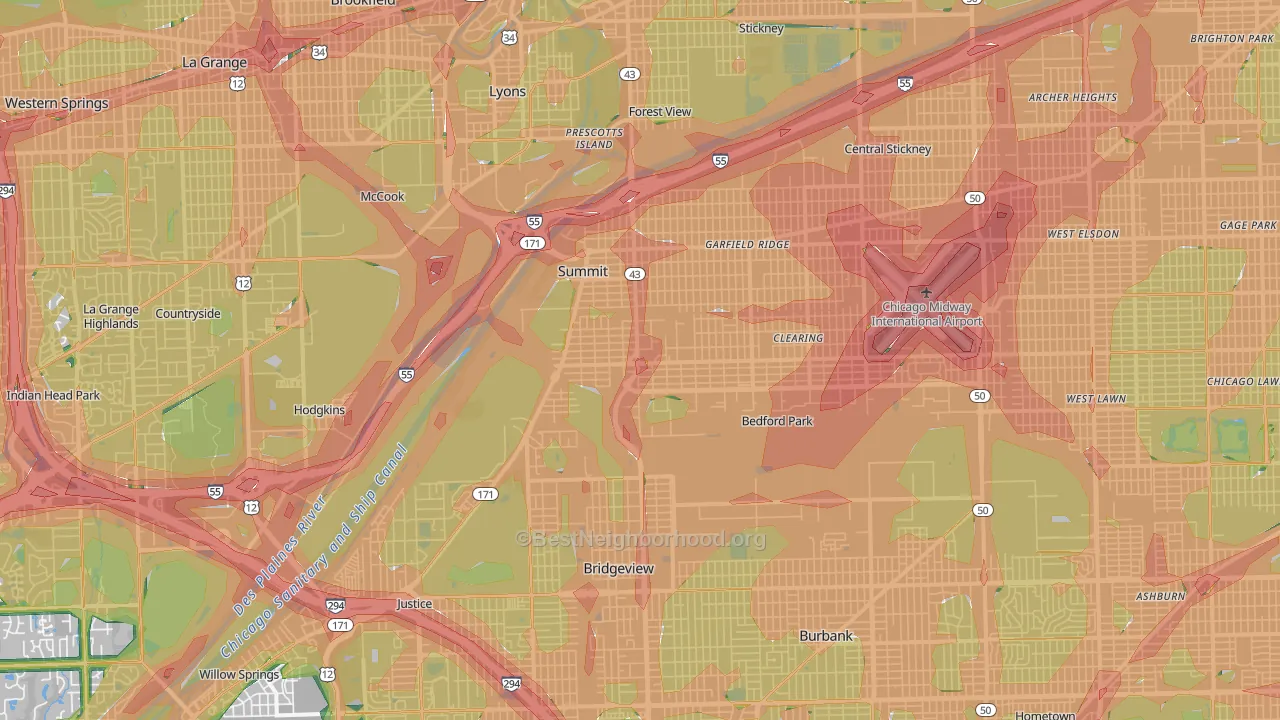 Bedford Park, IL Map of Noise Levels in Bedford Park