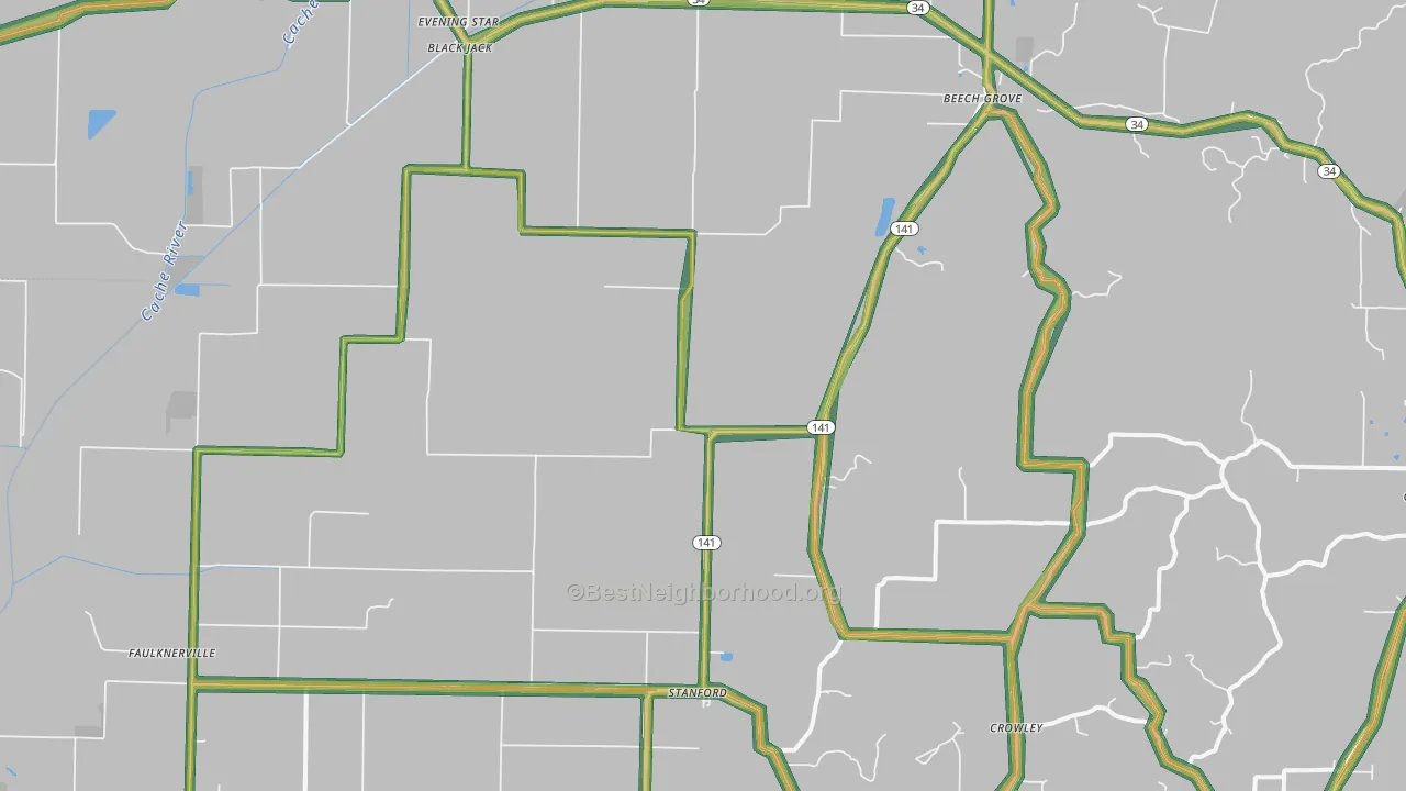 Beech Grove, AR Map of Noise Levels in Beech Grove