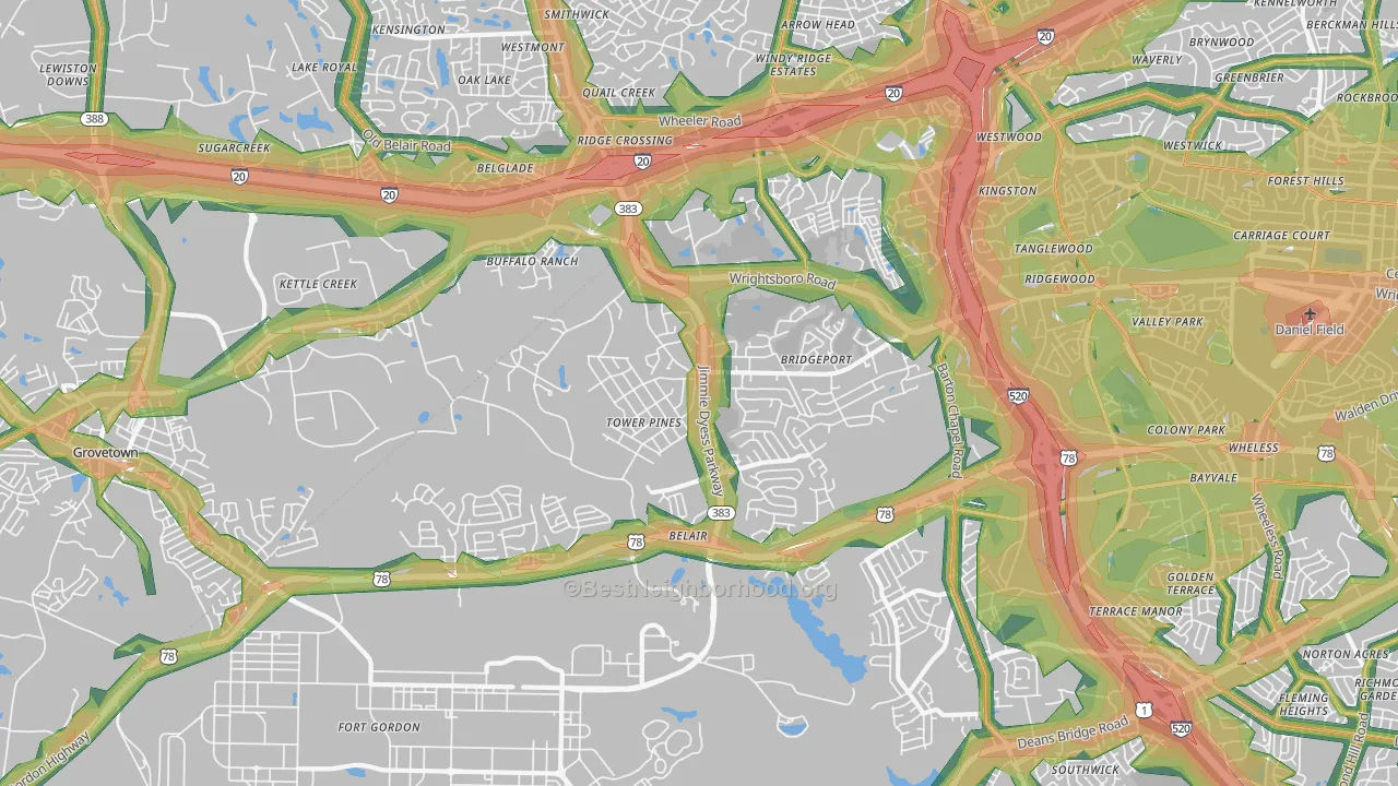 Belair, Augusta, GA Map of Noise Levels in Belair