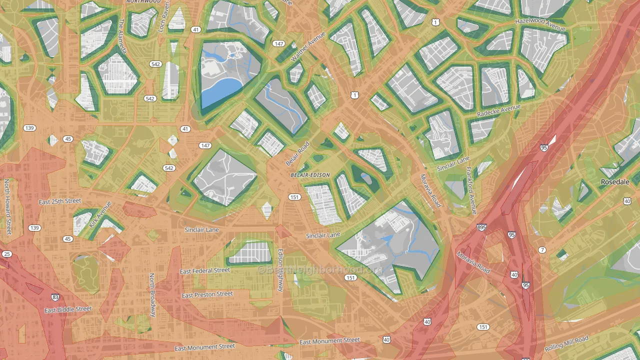 Belair-Edison, Baltimore, MD Map of Noise Levels in Belair-Edison