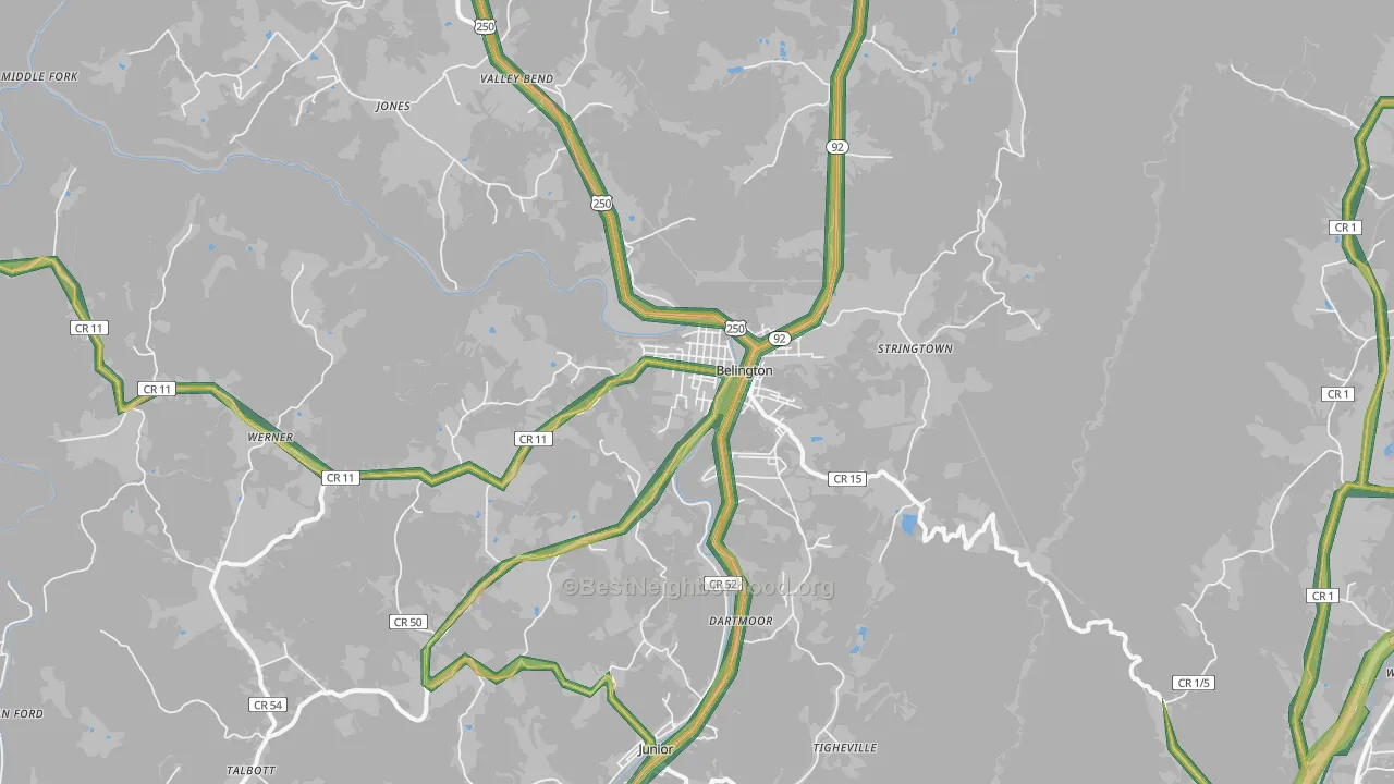 Belington, WV Map of Noise Levels in Belington