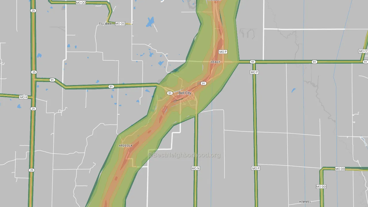 Bell City, MO Map of Noise Levels in Bell City