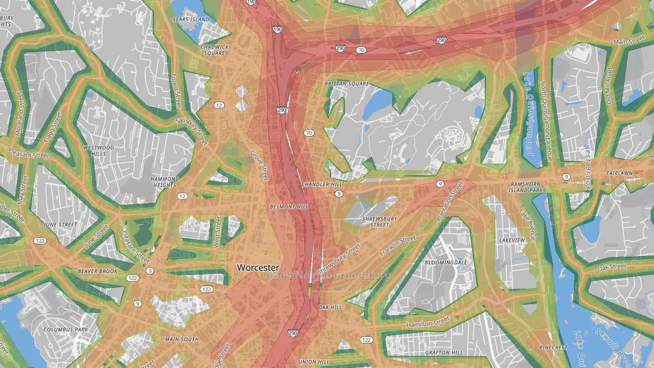 Bell Hill, Worcester, MA Map of Noise Levels in Bell Hill