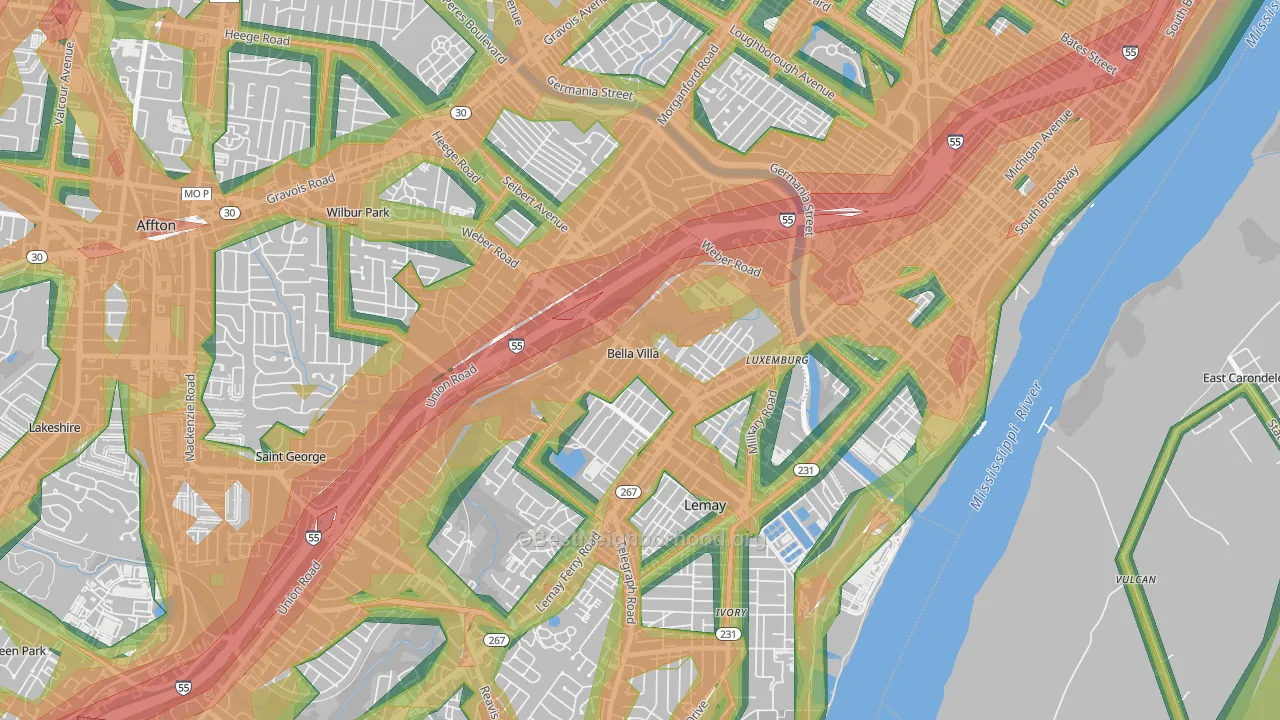 Bella Villa, MO Map of Noise Levels in Bella Villa