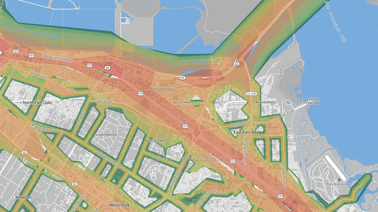 Belle Haven, Menlo Park, CA Map of Noise Levels in Belle Haven